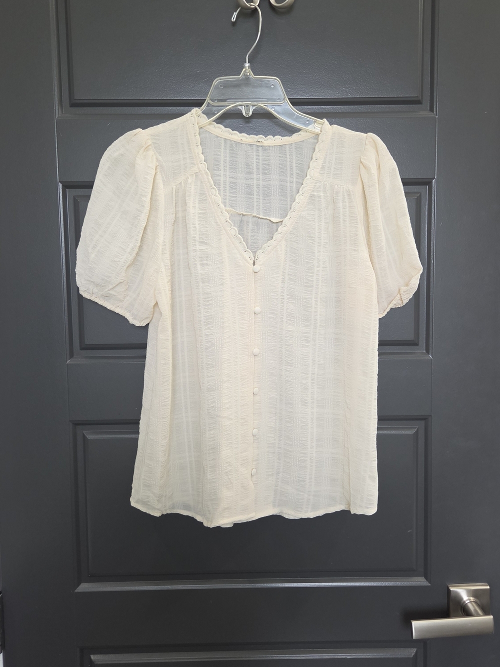 Light Cream Puff Sleeve Button-Front Women’s Top